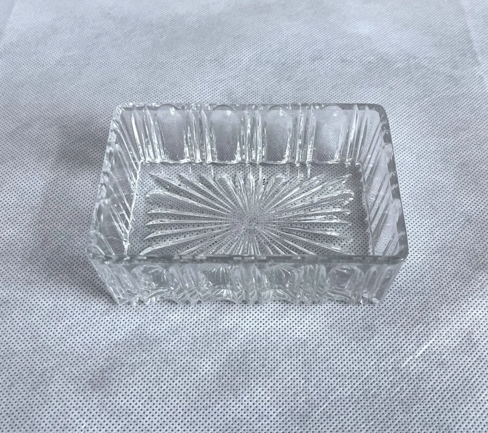 Vintage Pressed Glass Rectangular Trinket Dish Starburst Sawtooth Rim EXC